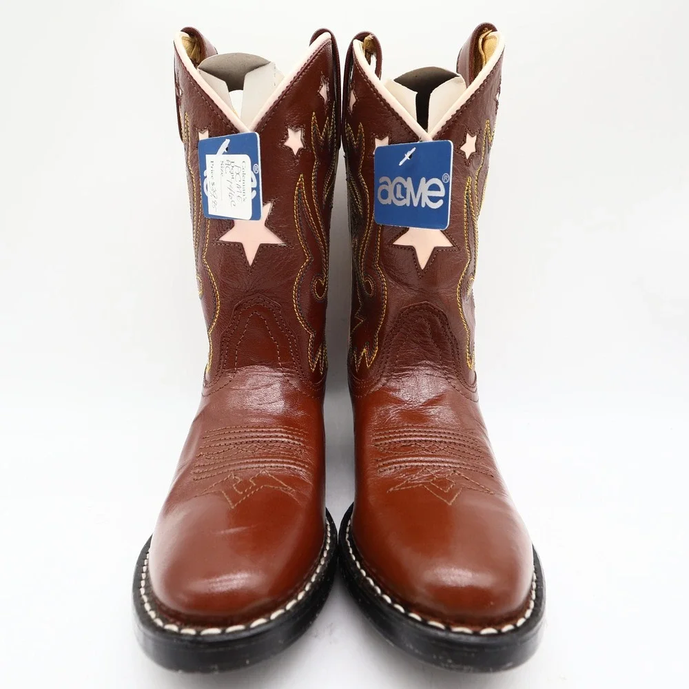 Acme Western Boots Childs 1 D Brown Star Inlay Leather New In Box Vintage Style
